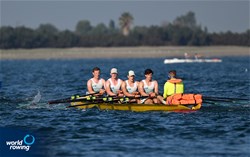 Jorik Van Veen (b), Stan Jansen, Igor De Koning, Thomas Janssen (s), Iede Adrichem (c), Coastal Men's Coxed Quadruple Sculls, W.S.R. 'Argo', Netherlands, 2023 World Rowing Coastal Championships, Barletta, Italy / © Detlev Seyb / MyRowingPhoto.com