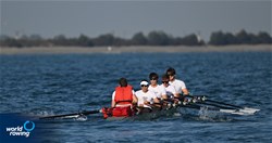 Lorenz Bosse (b), Theodor Theo Krug, Hendrik Piessnack, Marcus Albrecht (s), Emil Hennies (c), Coastal Men's Coxed Quadruple Sculls, Sportschule im Olympiapark - Poelchau-Schule, Germany, 2023 World Rowing Coastal Championships, Barletta, Italy / © Detlev Seyb / MyRowingPhoto.com