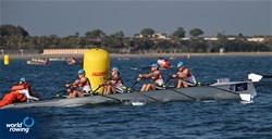 Nils Hansen (b), Michael Kurt Ruediger Helmchen, Gunnar Olaf Kock, Julian Fehre (s), Kim Sarah Gaude (c), Coastal Men's Coxed Quadruple Sculls, Ruderklub Flensburg e.V, Germany, 2023 World Rowing Coastal Championships, Barletta, Italy / © Detlev Seyb / MyRowingPhoto.com