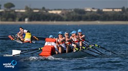 Nils Hansen (b), Michael Kurt Ruediger Helmchen, Gunnar Olaf Kock, Julian Fehre (s), Kim Sarah Gaude (c), Coastal Men's Coxed Quadruple Sculls, Ruderklub Flensburg e.V, Germany, 2023 World Rowing Coastal Championships, Barletta, Italy / © Detlev Seyb / MyRowingPhoto.com
