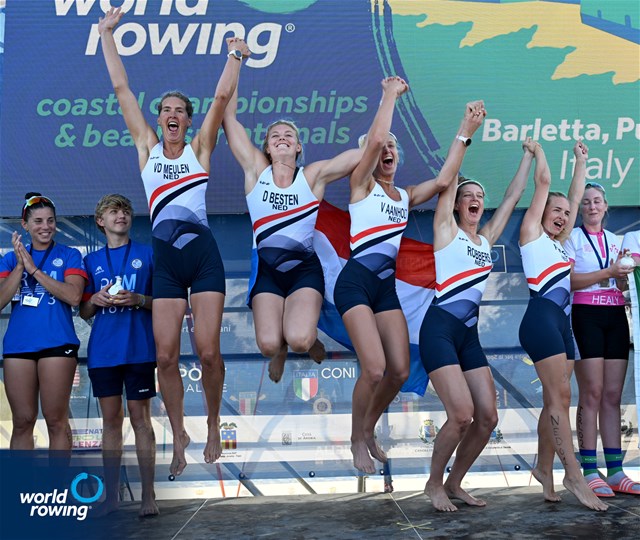 Dieuwertje Den Besten (b), Linn Van Aanholt, Janneke Van Der Meulen, Karien Robbers (s), Dieuwke Fetter (c), Coastal Women's Coxed Quadruple Sculls, Hollandia RC, Netherlands, Gold, 2023 World Rowing Coastal Championships, Barletta, Italy / © Detlev Seyb / MyRowingPhoto.com