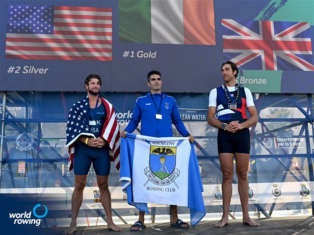 Adrian Miramon Quiroga, Wicklow Rowing Club, Spain, Gold, Christopher Bak, Next Level Rowing, United States of America, Silver, Charles Cousins, Mumbles Amateur RC (WSRA), Great Britain, Bronze, Coastal Men's Solo, 2023 World Rowing Coastal Championships, Barletta, Italy / © Detlev Seyb / MyRowingPhoto.com