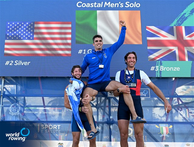 Adrian Miramon Quiroga, Wicklow Rowing Club, Spain, Gold, Christopher Bak, Next Level Rowing, United States of America, Silver, Charles Cousins, Mumbles Amateur RC (WSRA), Great Britain, Bronze, Coastal Men's Solo, 2023 World Rowing Coastal Championships, Barletta, Italy / © Detlev Seyb / MyRowingPhoto.com