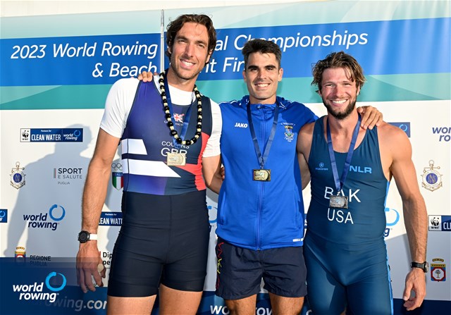 Adrian Miramon Quiroga, Wicklow Rowing Club, Spain, Gold, Christopher Bak, Next Level Rowing, United States of America, Silver, Charles Cousins, Mumbles Amateur RC (WSRA), Great Britain, Bronze, Coastal Men's Solo, 2023 World Rowing Coastal Championships, Barletta, Italy / © Detlev Seyb / MyRowingPhoto.com