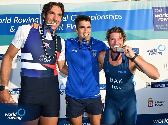 Adrian Miramon Quiroga, Wicklow Rowing Club, Spain, Gold, Christopher Bak, Next Level Rowing, United States of America, Silver, Charles Cousins, Mumbles Amateur RC (WSRA), Great Britain, Bronze, Coastal Men's Solo, 2023 World Rowing Coastal Championships, Barletta, Italy / © Detlev Seyb / MyRowingPhoto.com