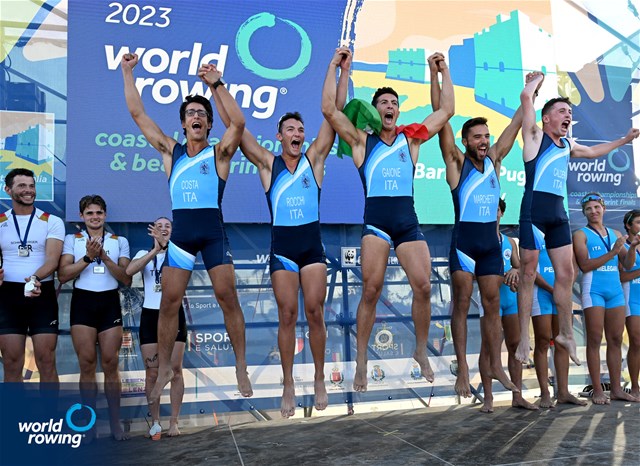 Giacomo Costa (b), Lorenzo Gaione, Edoardo Rocchi, Edoardo Marchetti (s), Alessandro Calder (c), Coastal Men's Coxed Quadruple Sculls, ROWING CLUB GENOVESE, Italy, Gold, 2023 World Rowing Coastal Championships, Barletta, Italy / © Detlev Seyb / MyRowingPhoto.com