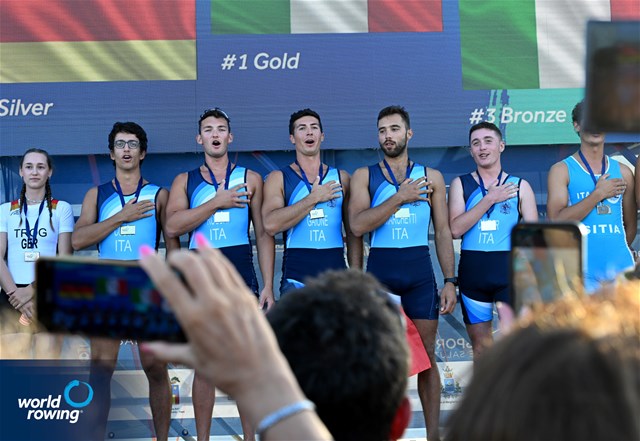 Giacomo Costa (b), Lorenzo Gaione, Edoardo Rocchi, Edoardo Marchetti (s), Alessandro Calder (c), Coastal Men's Coxed Quadruple Sculls, ROWING CLUB GENOVESE, Italy, Gold, 2023 World Rowing Coastal Championships, Barletta, Italy / © Detlev Seyb / MyRowingPhoto.com