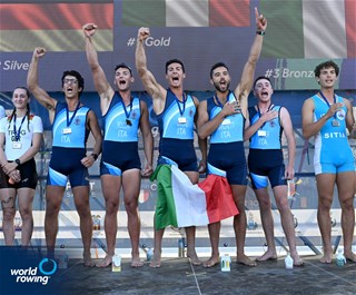 Giacomo Costa (b), Lorenzo Gaione, Edoardo Rocchi, Edoardo Marchetti (s), Alessandro Calder (c), Coastal Men's Coxed Quadruple Sculls, ROWING CLUB GENOVESE, Italy, Gold, 2023 World Rowing Coastal Championships, Barletta, Italy / © Detlev Seyb / MyRowingPhoto.com