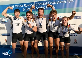 Oskar Kroglowski (b), Moritz Marchart, Moritz Daniel Korthals, Emil Schmidberger (s), Elisa Trog (c), Coastal Men's Coxed Quadruple Sculls, Stuttgarter Rudergesellschaft von 1899 e.V., Germany, Silver, 2023 World Rowing Coastal Championships, Barletta, Italy / © Detlev Seyb / MyRowingPhoto.com