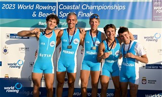 Lorenzo Caprile (b), Perino Enrico, Guglielmo Melegari, Pietro Sitia (s), Fabio Siracusa (c), Coastal Men's Coxed Quadruple Sculls, S.S: Murcarolo ASD, Italy, 2023 World Rowing Coastal Championships, Barletta, Italy / © Detlev Seyb / MyRowingPhoto.com