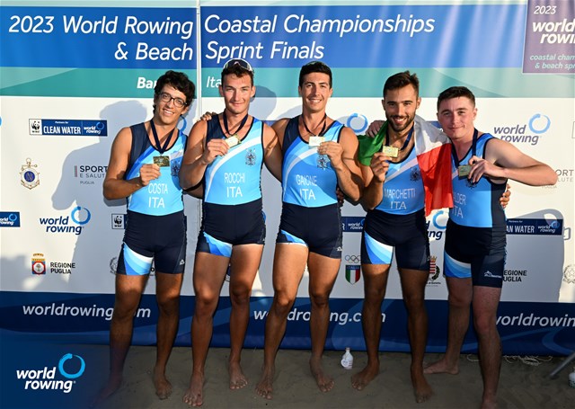 Giacomo Costa (b), Lorenzo Gaione, Edoardo Rocchi, Edoardo Marchetti (s), Alessandro Calder (c), Coastal Men's Coxed Quadruple Sculls, ROWING CLUB GENOVESE, Italy, Gold, 2023 World Rowing Coastal Championships, Barletta, Italy / © Detlev Seyb / MyRowingPhoto.com