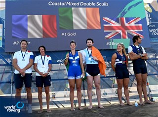 Ronan Byrne (b), Monika Dukarska (s), Composite - Shandon/Portmagee, Ireland, Gold, Vincent Noirot (b), Edwige Alfred (s), Composite - Seynois/Lyon Caluire, France, Silver, Clare Jamison (b), Charles Cousins (s), Mumbles Amateur RC (WSRA), Great Britain, Bronze, Coastal Mixed Double Sculls, 2023 World Rowing Coastal Championships, Barletta, Italy / © Detlev Seyb / MyRowingPhoto.com