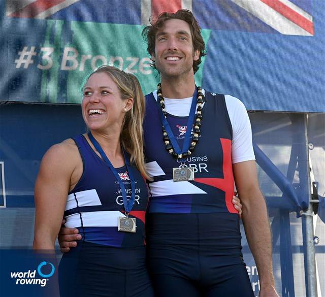Clare Jamison (b), Charles Cousins (s), Coastal Mixed Double Sculls, Mumbles Amateur RC (WSRA), Great Britain, Bronze, 2023 World Rowing Coastal Championships, Barletta, Italy / © Detlev Seyb / MyRowingPhoto.com