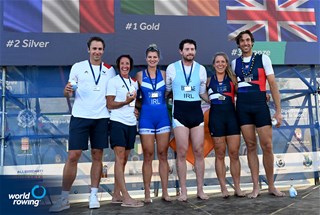 Ronan Byrne (b), Monika Dukarska (s), Composite - Shandon/Portmagee, Ireland, Gold, Vincent Noirot (b), Edwige Alfred (s), Composite - Seynois/Lyon Caluire, France, Silver, Clare Jamison (b), Charles Cousins (s), Mumbles Amateur RC (WSRA), Great Britain, Bronze, Coastal Mixed Double Sculls, 2023 World Rowing Coastal Championships, Barletta, Italy / © Detlev Seyb / MyRowingPhoto.com