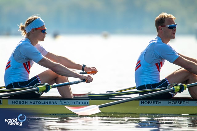 Jonas Juel (b), Erik Andre Solbakken (s), Men's Double Sculls, Norway, 2024 World Rowing Cup I, Varese, Italy / World Rowing / Benedict Tufnell