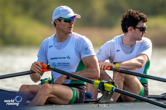 Daire Lynch (b), Philip Doyle (s), Men's Double Sculls, Ireland, 2024 World Rowing Cup I, Varese, Italy / World Rowing / Benedict Tufnell