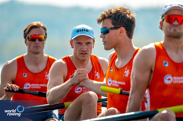 Guus Mollee (b), Nelson Ritsema, Eli Brouwer, Rik Rienks (s), Men's Four, Netherlands, 2024 World Rowing Cup I, Varese, Italy / World Rowing / Benedict Tufnell