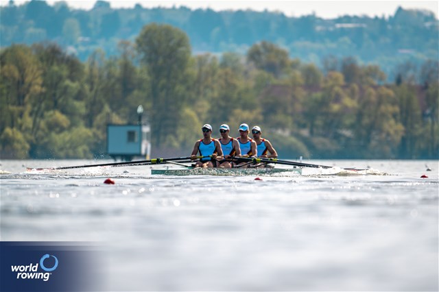 Frederik Breuer (b), Malte Grossmann, Kasper Virnekaes, Jasper Angl (s), Men's Four, Germany, 2024 World Rowing Cup I, Varese, Italy / World Rowing / Benedict Tufnell