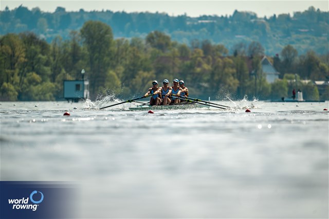 Frederik Breuer (b), Malte Grossmann, Kasper Virnekaes, Jasper Angl (s), Men's Four, Germany, 2024 World Rowing Cup I, Varese, Italy / World Rowing / Benedict Tufnell