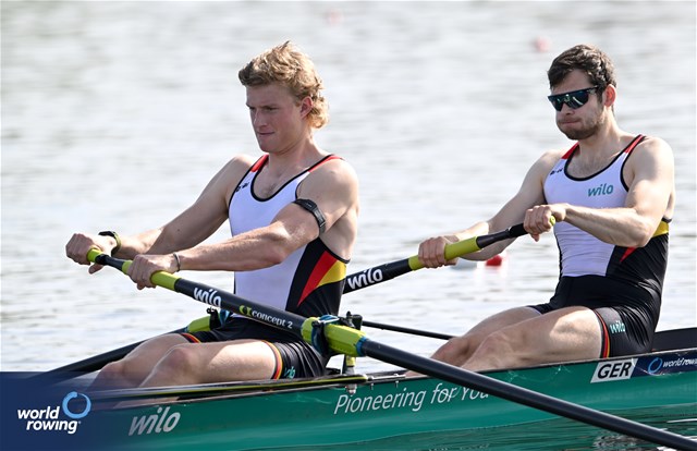 Julius Christ (b), Soenke Kruse (s), Men's Pair, Germany, 2024 World Rowing Cup I, Varese, Italy / Detlev Seyb / MyRowingPhoto.com