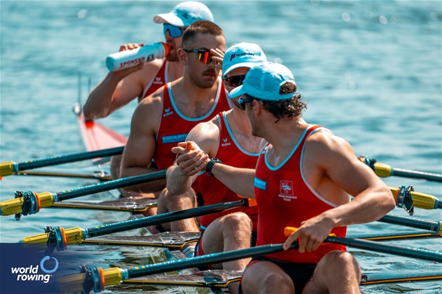 Dominic Condrau (b), Jan Jonah Plock, Scott Baerlocher, Maurin Lange (s), Men's Quadruple Sculls, Switzerland, 2024 World Rowing Cup I, Varese, Italy / World Rowing / Benedict Tufnell