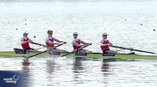 Joel Schuerch (b), Tim Roth, Patrick Brunner, Kai Schaetzle (s), Men's Four, Switzerland, 2024 World Rowing Cup I, Varese, Italy / Maren Derlien/MyRowingPhoto.com
