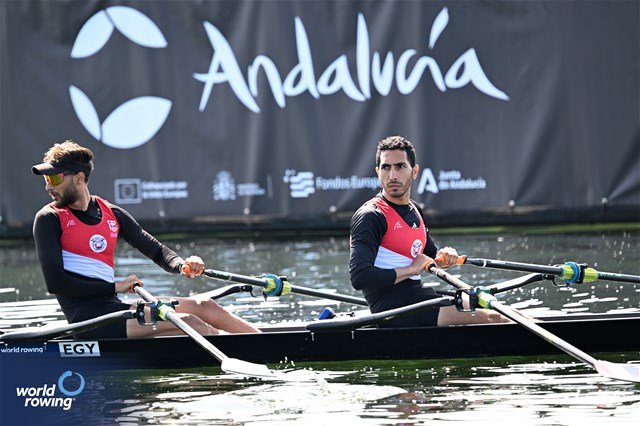 Mohamed Kota (b), Ahmed Abdelaal (s), Lightweight Men's Double Sculls, Egypt, 2024 World Rowing Cup I, Varese, Italy / Detlev Seyb / MyRowingPhoto.com