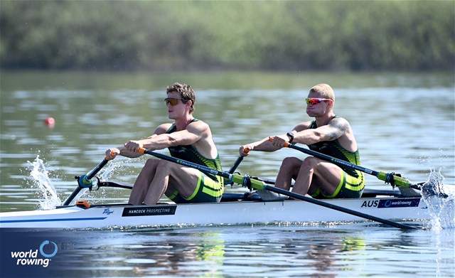 Mitchell Reinhard (b), Oscar Mcguinness (s), Men's Double Sculls, Australia, 2024 World Rowing Cup I, Varese, Italy / Maren Derlien/MyRowingPhoto.com