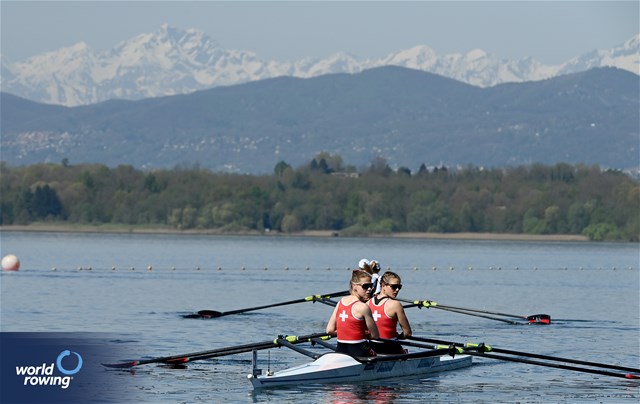 Eline Rol (b), Olivia Nacht (s), Lightweight Women's Double Sculls, Switzerland, 2024 World Rowing Cup I, Varese, Italy / Maren Derlien/MyRowingPhoto.com