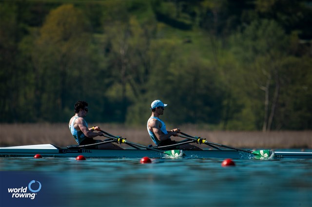 Daire Lynch (b), Philip Doyle (s), Men's Double Sculls, Ireland, Day Two racing at the 2024 World Rowing Cup I in Varese, Italy / World Rowing / Benedict Tufnell