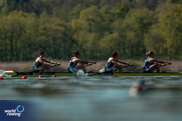 Harriet Taylor (b), Annie Campbell-Orde, Lauren Irwin, Eve Stewart (s), Women's Four, Great Britain, Day Two racing at the 2024 World Rowing Cup I in Varese, Italy / World Rowing / Benedict Tufnell