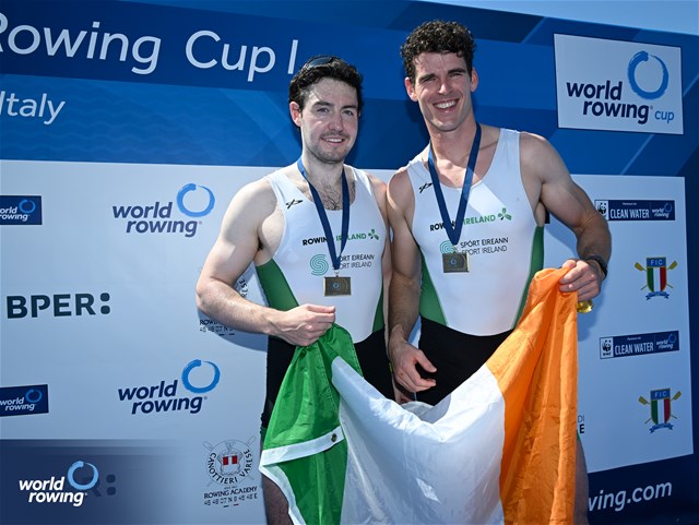 Daire Lynch (b), Philip Doyle (s), Men's Double Sculls, Ireland, Bronze, 2024 World Rowing Cup I, Varese, Italy / Detlev Seyb / MyRowingPhoto.com