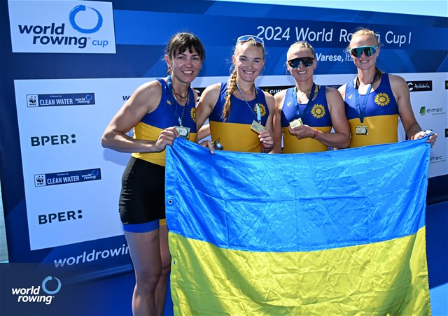 Nataliya Dovgodko (b), Kateryna Dudchenko, Daryna Verkhogliad, Anastasiia Kozhenkova (s), Women's Quadruple Sculls, Ukraine, Gold, 2024 World Rowing Cup I, Varese, Italy / Detlev Seyb / MyRowingPhoto.com