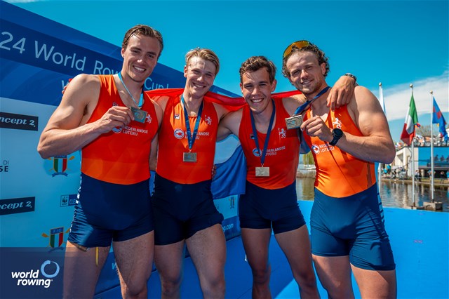 Guus Mollee (b), Nelson Ritsema, Eli Brouwer, Rik Rienks (s), Men's Four, Netherlands, Bronze, 2024 World Rowing Cup I, Varese, Italy / World Rowing / Benedict Tufnell