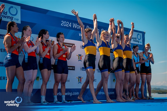 Nataliya Dovgodko (b), Kateryna Dudchenko, Daryna Verkhogliad, Anastasiia Kozhenkova (s), Women's Quadruple Sculls, Ukraine, Gold, Laila Youssifou (b), Tessa Dullemans, Roos De Jong, Bente Paulis (s), Netherlands, Silver, 2024 World Rowing Cup I, Varese, Italy / World Rowing / Benedict Tufnell