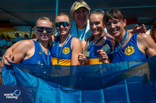 Nataliya Dovgodko (b), Kateryna Dudchenko, Daryna Verkhogliad, Anastasiia Kozhenkova (s), Women's Quadruple Sculls, Ukraine, Gold, 2024 World Rowing Cup I, Varese, Italy / World Rowing / Benedict Tufnell