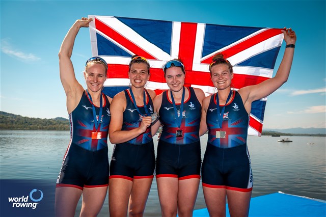 Heidi Long (b), Rowan Mckellar, Holly Dunford, Emily Ford (s), Women's Four, Great Britain, Silver, 2024 World Rowing Cup I, Varese, Italy / World Rowing / Benedict Tufnell