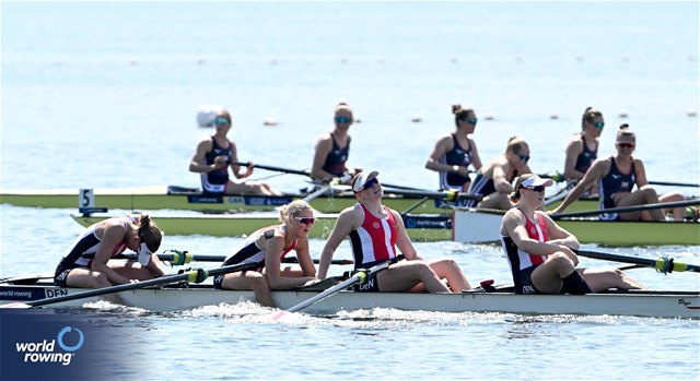 Astrid Steensberg (b), Julie Poulsen, Frida Sanggaard Nielsen, Marie Skytte Hauberg Johannesen (s), Women's Four, Denmark, 2024 World Rowing Cup I, Varese, Italy / Detlev Seyb / MyRowingPhoto.com