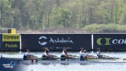 Matteo Lodo (b), Giovanni Abagnale, Giuseppe Vicino, Nicholas Kohl (s), Men's Four, Italy, 2024 World Rowing Cup I, Varese, Italy / Detlev Seyb / MyRowingPhoto.com