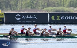Frederik Breuer (b), Malte Grossmann, Kasper Virnekaes, Jasper Angl (s), Men's Four, Germany, 2024 World Rowing Cup I, Varese, Italy / Detlev Seyb / MyRowingPhoto.com
