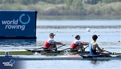 Jan Schaeuble (b), Raphael Ahumada Ireland (s), Lightweight Men's Double Sculls, Switzerland, 2024 World Rowing Cup I, Varese, Italy / Maren Derlien/MyRowingPhoto.com