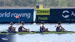 Helen Glover (b), Esme Booth, Samantha Redgrave, Rebecca Shorten (s), Women's Four, Great Britain, 2024 World Rowing Cup I, Varese, Italy / Maren Derlien/MyRowingPhoto.com