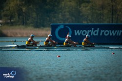 Maksym Boklazhenko (b), Mykola Mazur, Olexandr Nadtoka, Ivan Dovgodko (s), Men's Quadruple Sculls, Ukraine, 2024 World Rowing Cup I, Varese, Italy / World Rowing / Benedict Tufnell