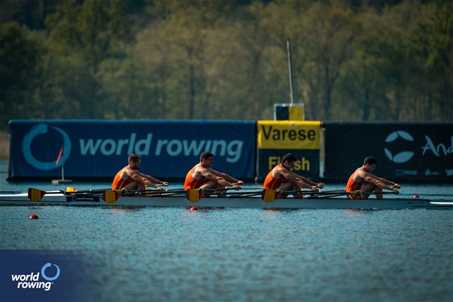 Antonio Diaz Ramos (b), Jordi Jofre Senciales, Gonzalo Garcia Ferrero, Manel Balastegui (s), Men's Quadruple Sculls, Spain, 2024 World Rowing Cup I, Varese, Italy / World Rowing / Benedict Tufnell