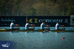 Mathias Foyner Wie (b), Erling Oeyasaeter, Ole Amund Storlien, Martin Helseth (s), Men's Quadruple Sculls, Norway, 2024 World Rowing Cup I, Varese, Italy / World Rowing / Benedict Tufnell