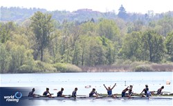 Giorgia Pelacchi (b), Linda De Filippis, Alice Gnatta, Aisha Rocek, Alice Codato, Silvia Terrazzi, Elisa Mondelli, Veronica Bumbaca (s), Emanuele Capponi (c), Women's Eight, Italy, 2024 World Rowing Cup I, Varese, Italy / Detlev Seyb / MyRowingPhoto.com