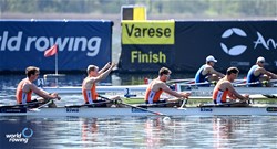 Lennart Van Lierop (b), Finn Florijn, Tone Wieten, Koen Metsemakers (s), Men's Quadruple Sculls, Netherlands, 2024 World Rowing Cup I, Varese, Italy / Maren Derlien/MyRowingPhoto.com