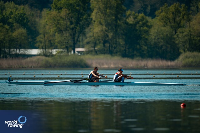 Hedvig Rasmussen (b), Fie Udby Erichsen (s), Women's Pair, Denmark, 2024 World Rowing Cup I, Varese, Italy / World Rowing / Benedict Tufnell