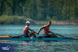 Melvin Twellaar (b), Stefan Broenink (s), Men's Double Sculls, Netherlands, 2024 World Rowing Cup I, Varese, Italy / World Rowing / Benedict Tufnell