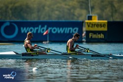 Mitchell Reinhard (b), Oscar Mcguinness (s), Men's Double Sculls, Australia, 2024 World Rowing Cup I, Varese, Italy / World Rowing / Benedict Tufnell